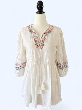 Floral Embroidered White Peasant Tunic Top with Tassel Tie Boho Fairycore
